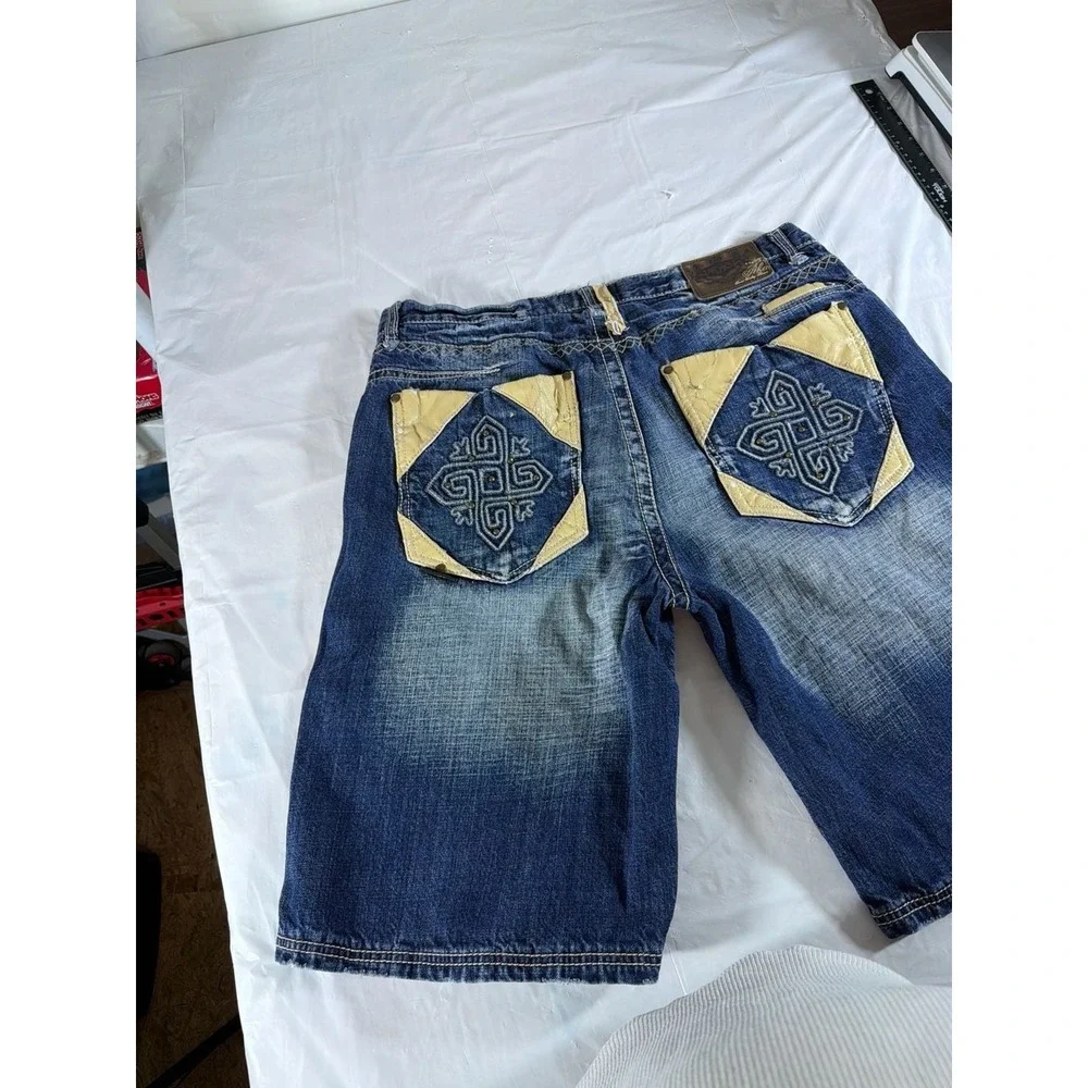 Akademiks Mens Denim Shorts‎ 38 Blue Embroidered Leather Trim Y2K Baggy Hip Hop